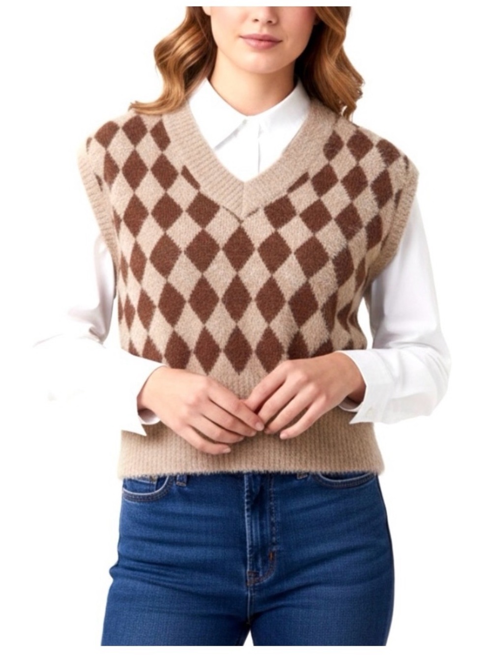 Sincerly Jules | Argyle V-Neck Sweater Vest in Beige and Brown